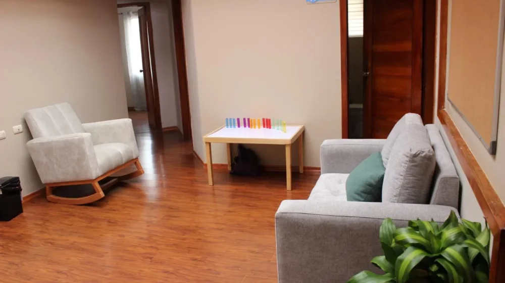 Sala de espera acogedora de Anesis, con mecedora y sofá