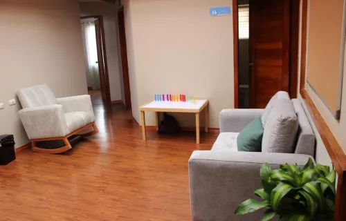 Sala de espera acogedora de Anesis, con mecedora y sofá